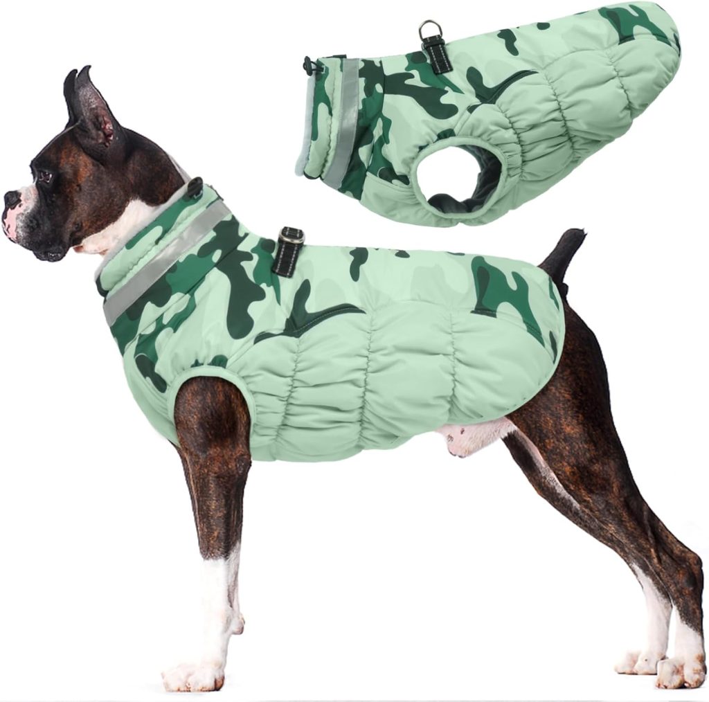 green camo dog coat harness