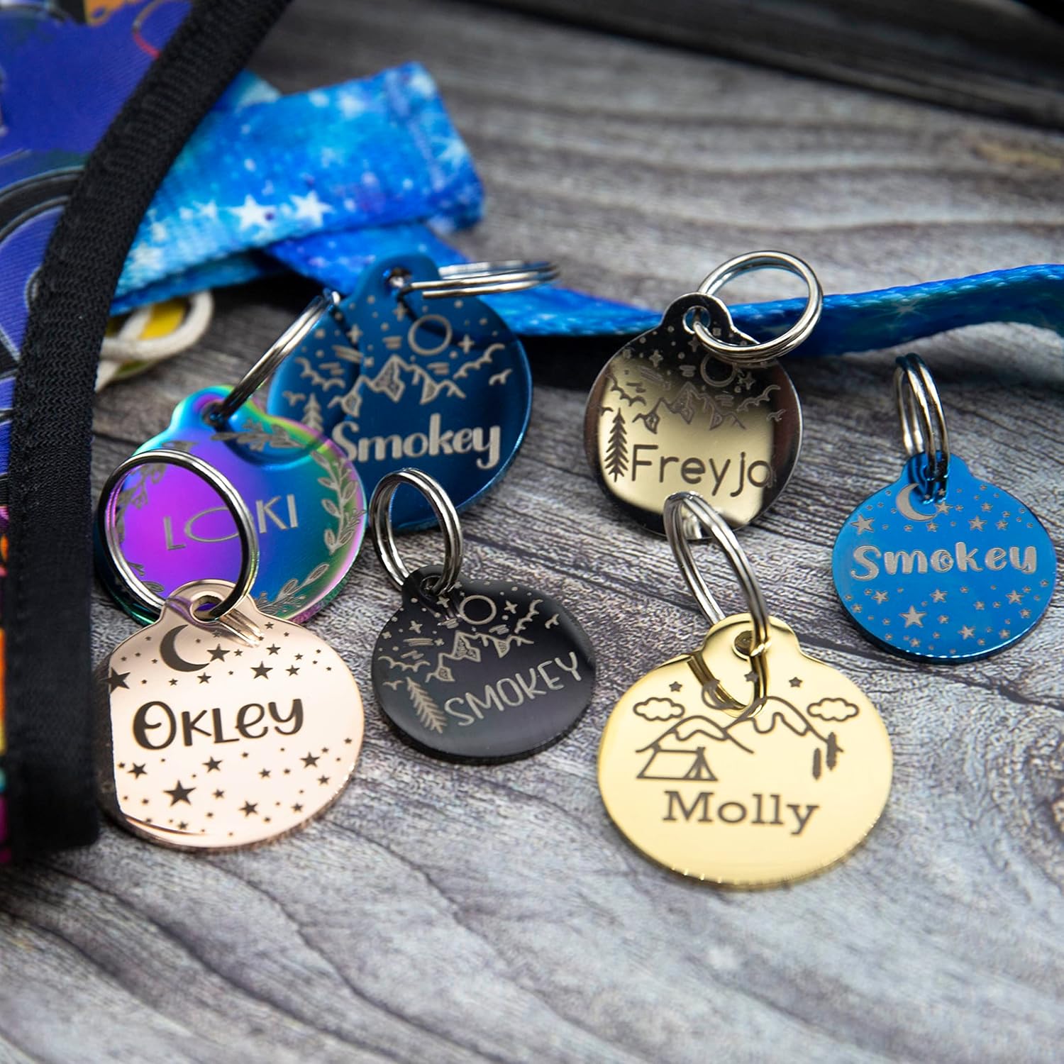colorful dog tags