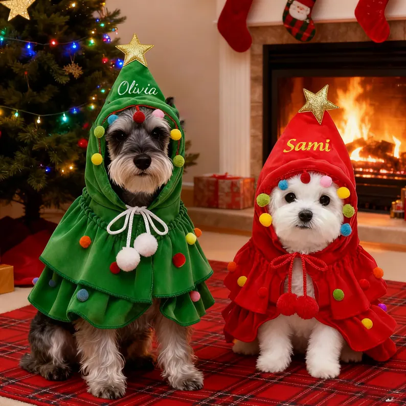 2 dogs wearing holiday capes