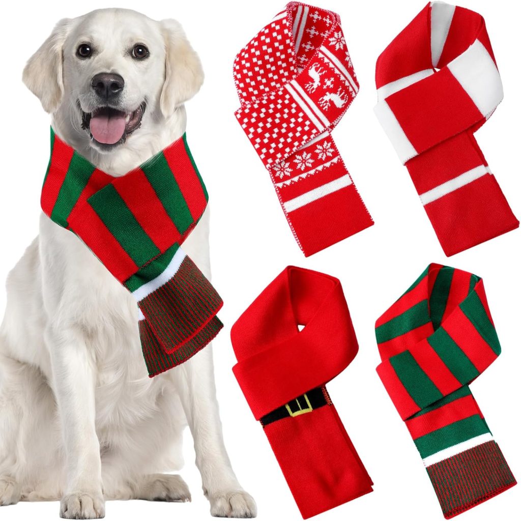 White dog with 4 holiday scarfs