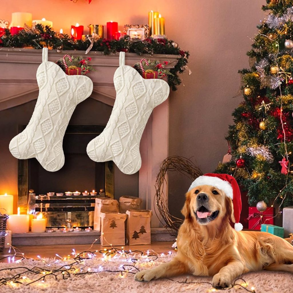dog by fireplace with christmas stockings