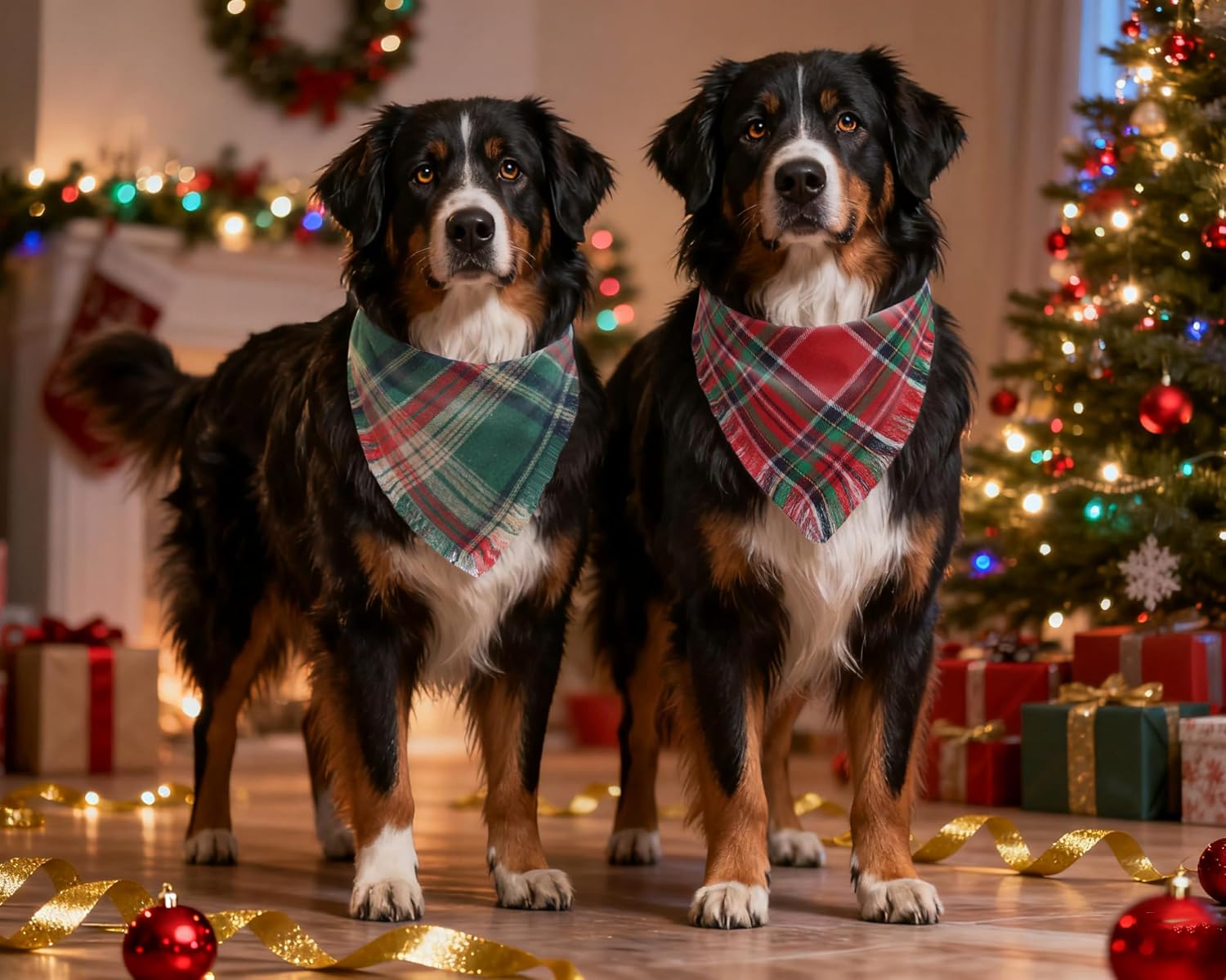 2 dogs wearing christmas bandanas