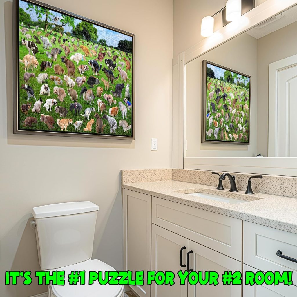 bathroom with puzzle on wall