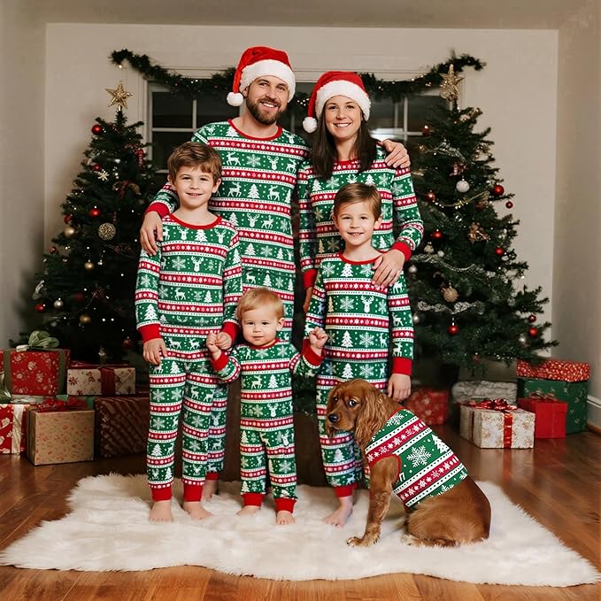 family and dog wearing matching pajamas