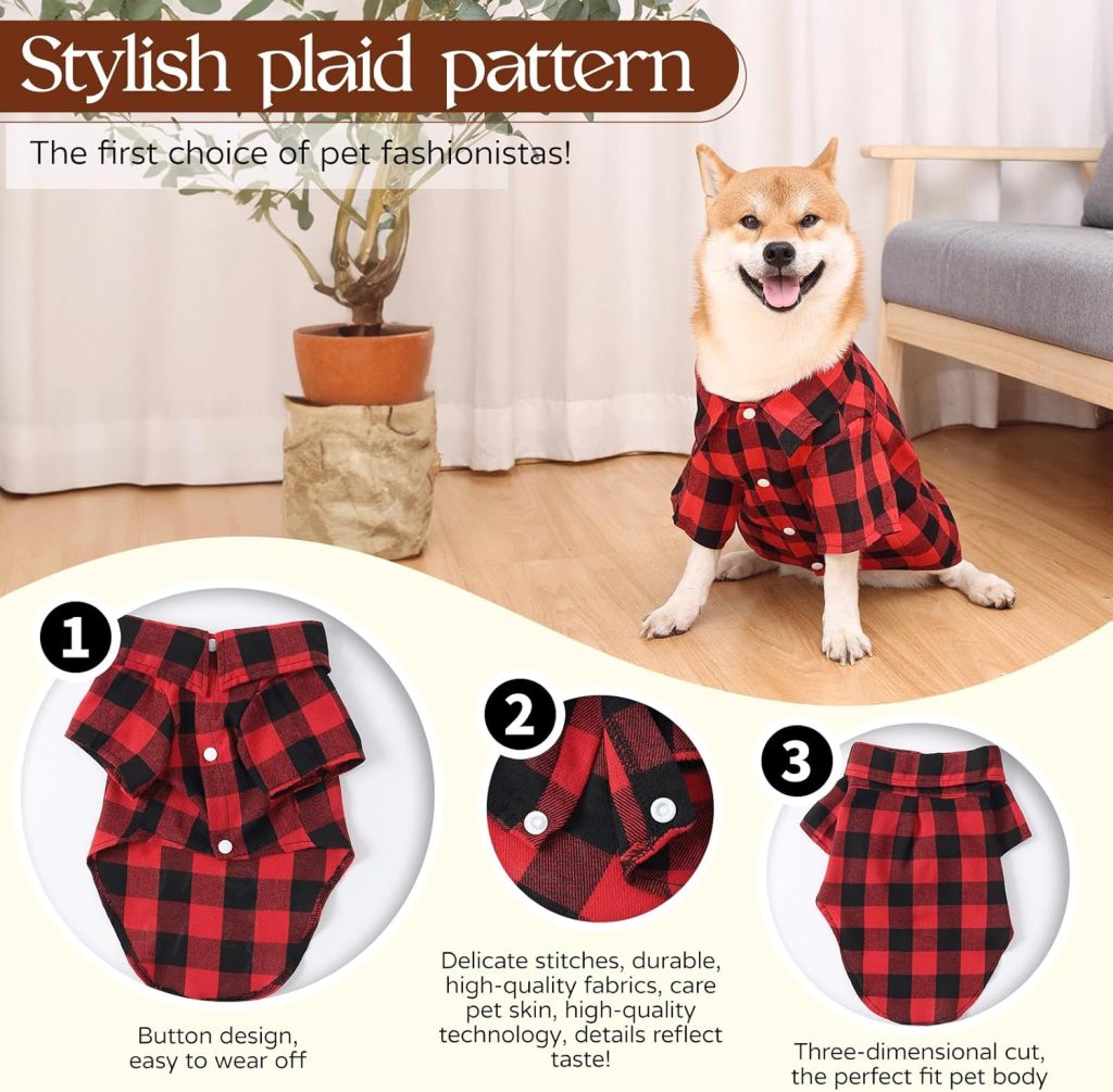 dog wearing red plaid shirt