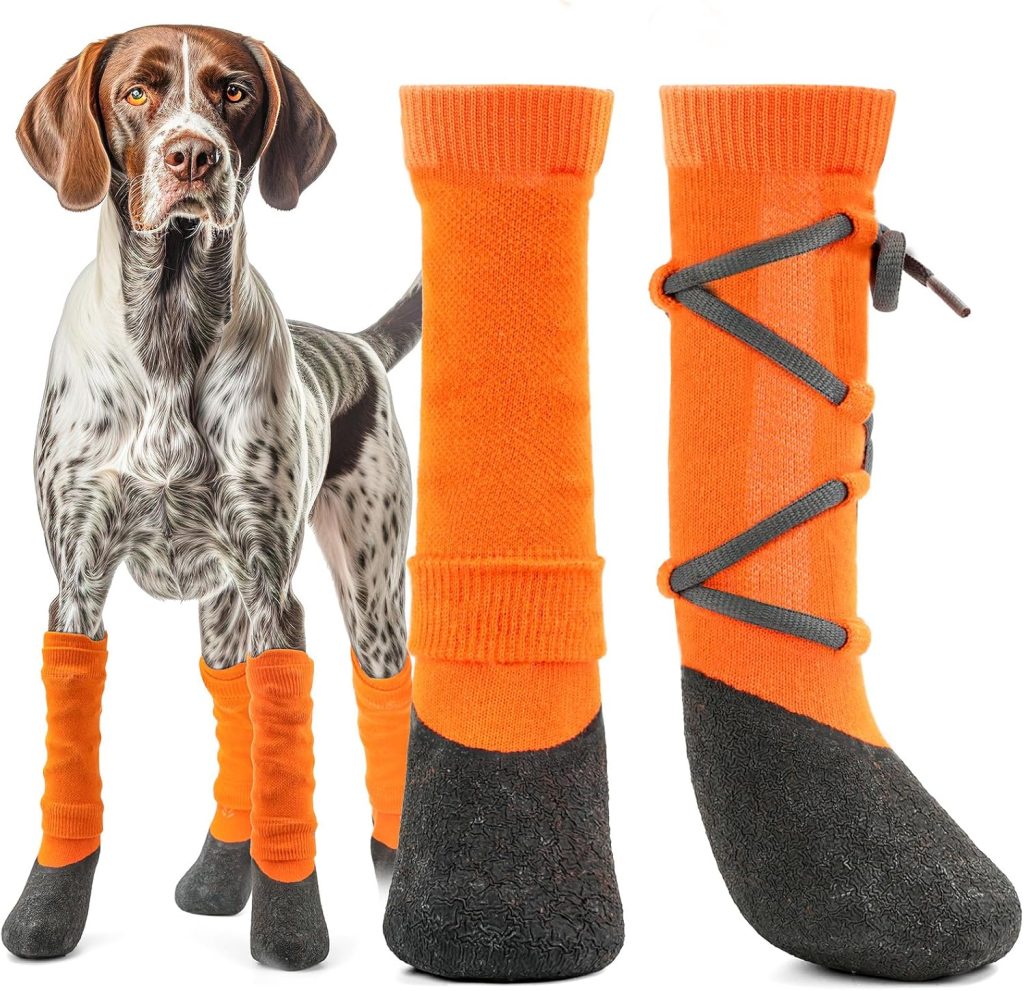 dog wearing long orange boots