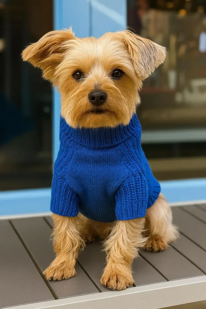 dog wearing blue sweater