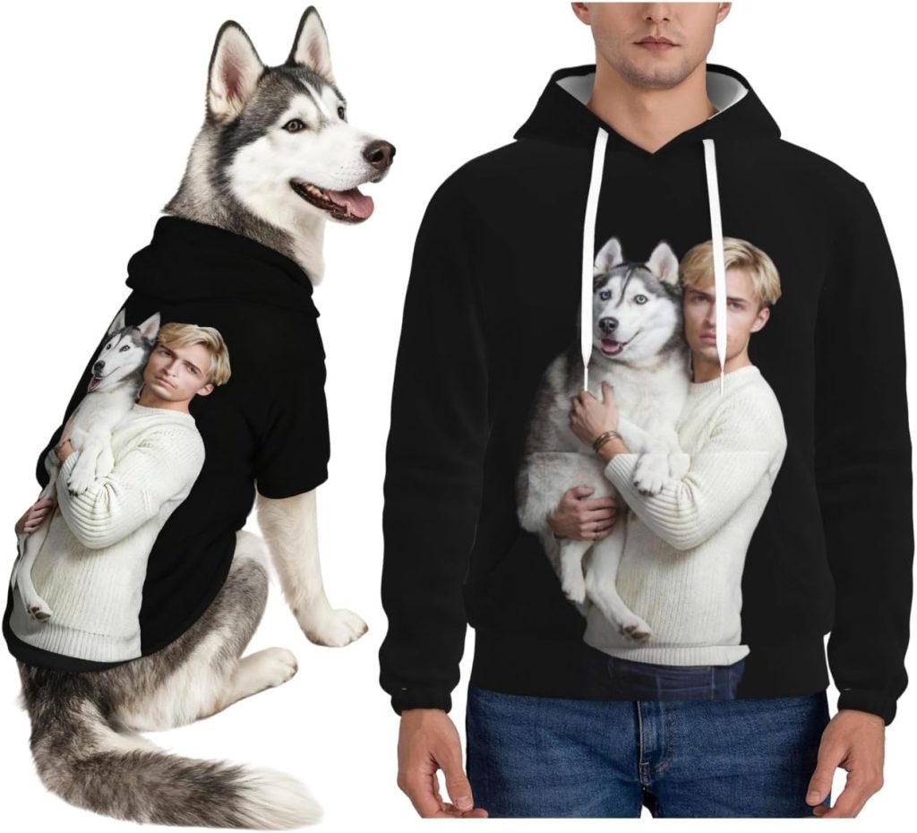 dog and owner wearing matching pullovers