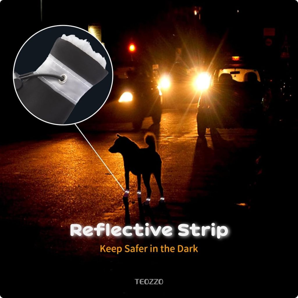 dog wearing reflective boots at night