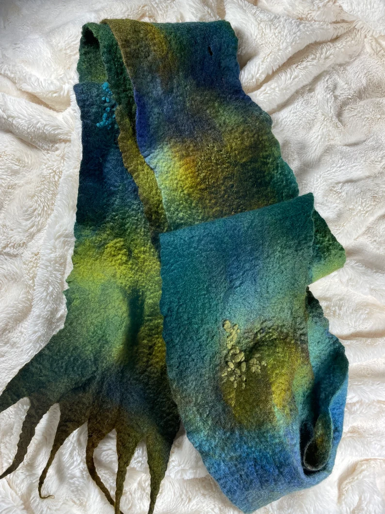 felted blue green winter scarf