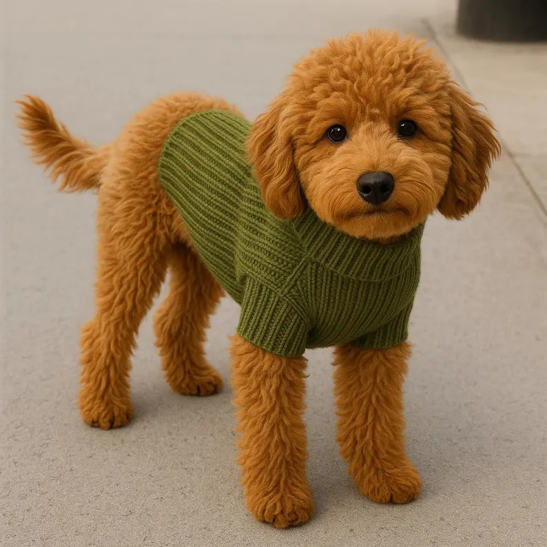 dog wearing green sweater