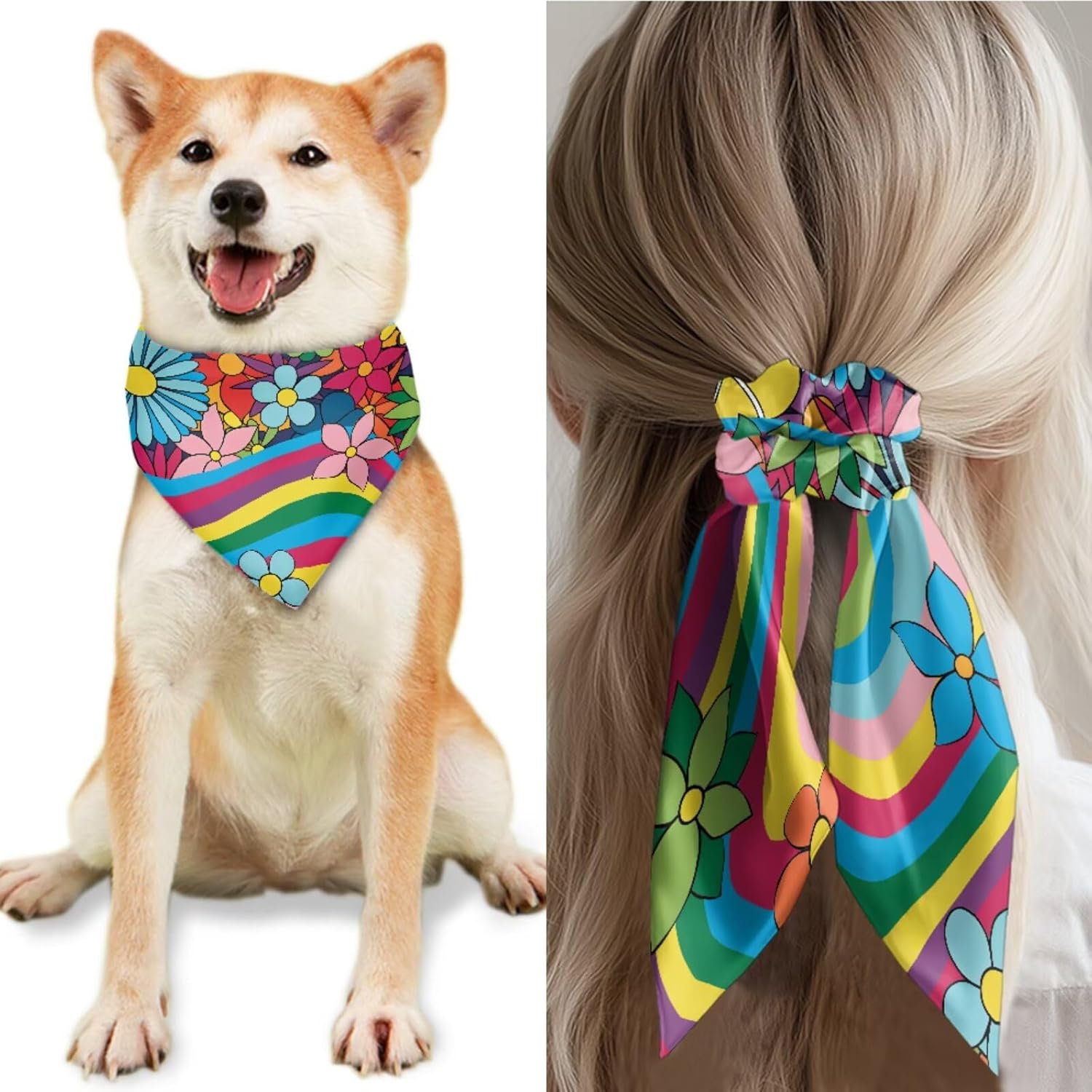dog wearing bandana and owner wearing hair bow
