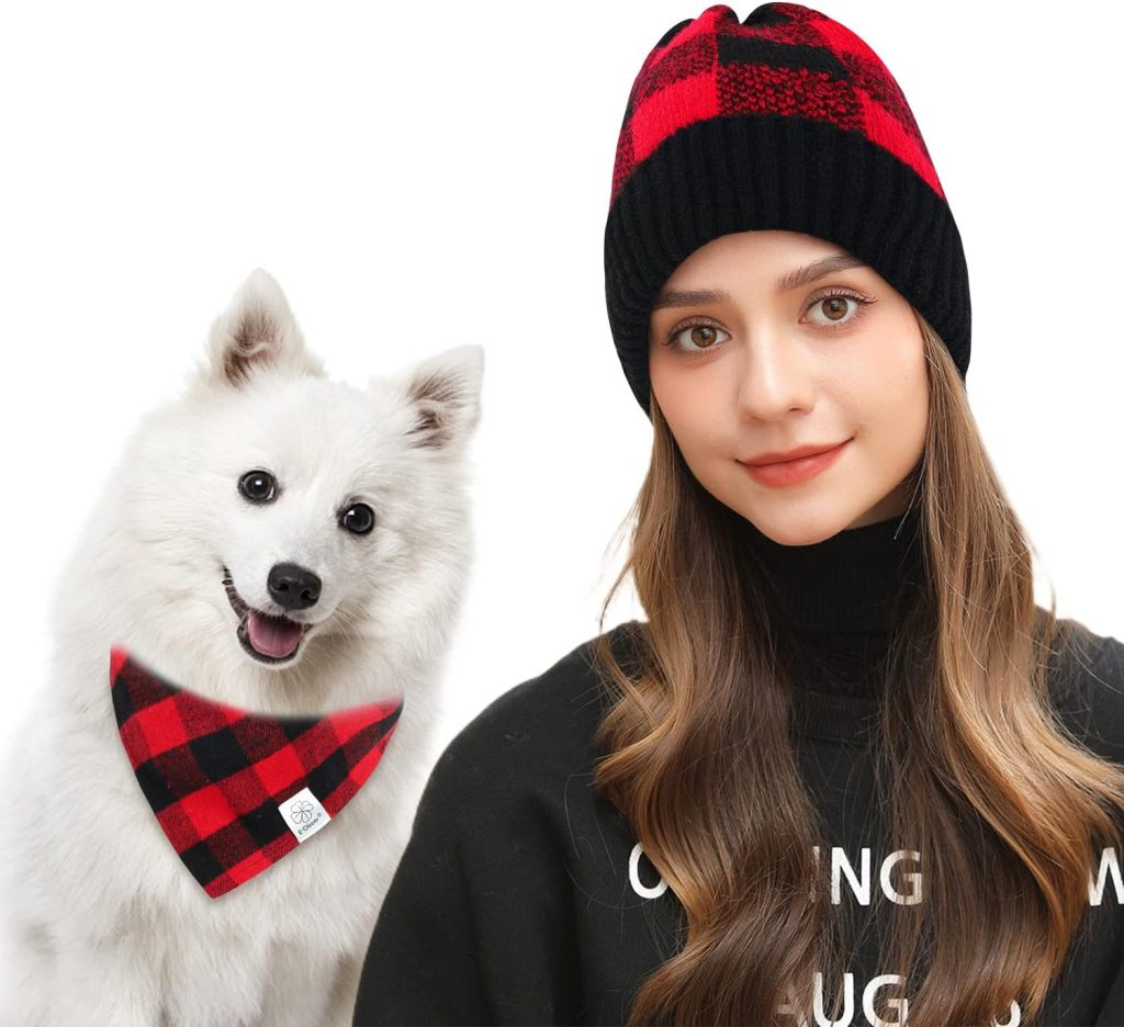 dog and woman wearing red plaid hat and bandana