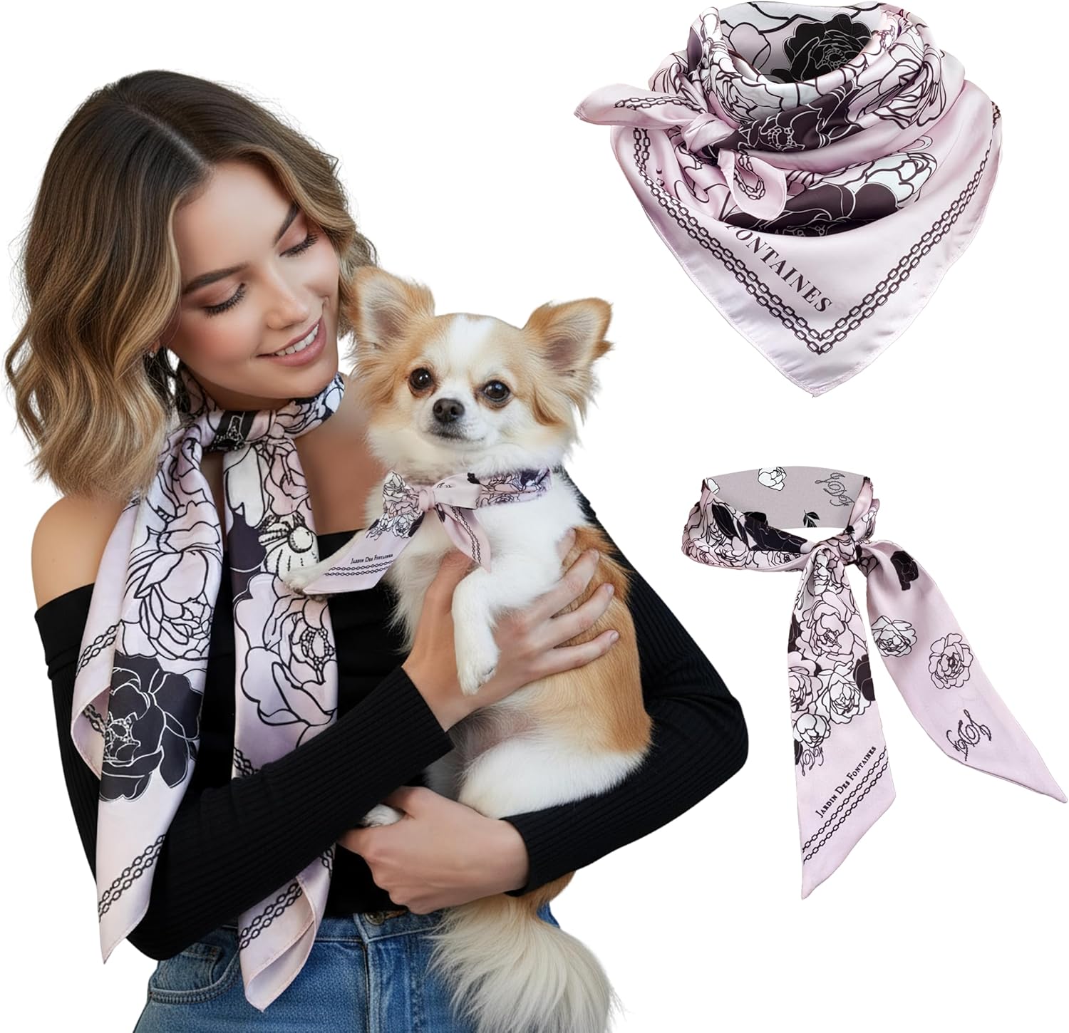 woman and dog wearing matching scarves