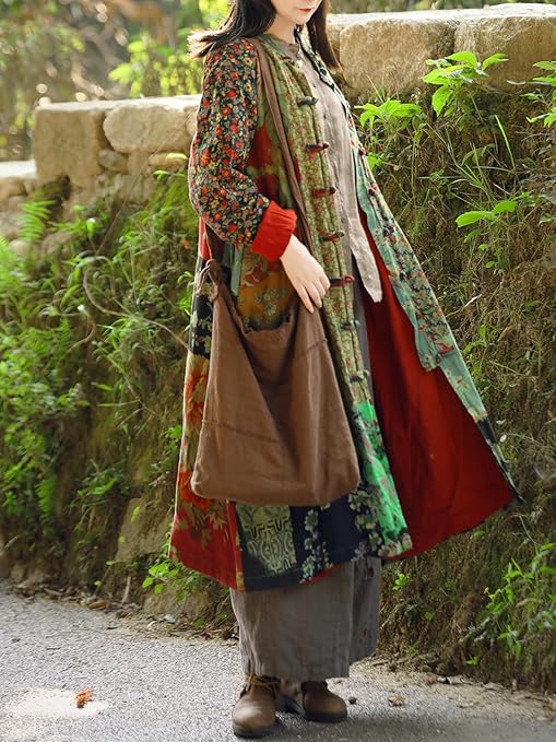 woman wearing colorful patchwork trench coat