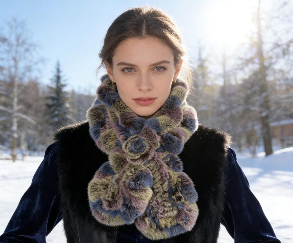 woman wearing grey and blue scarf