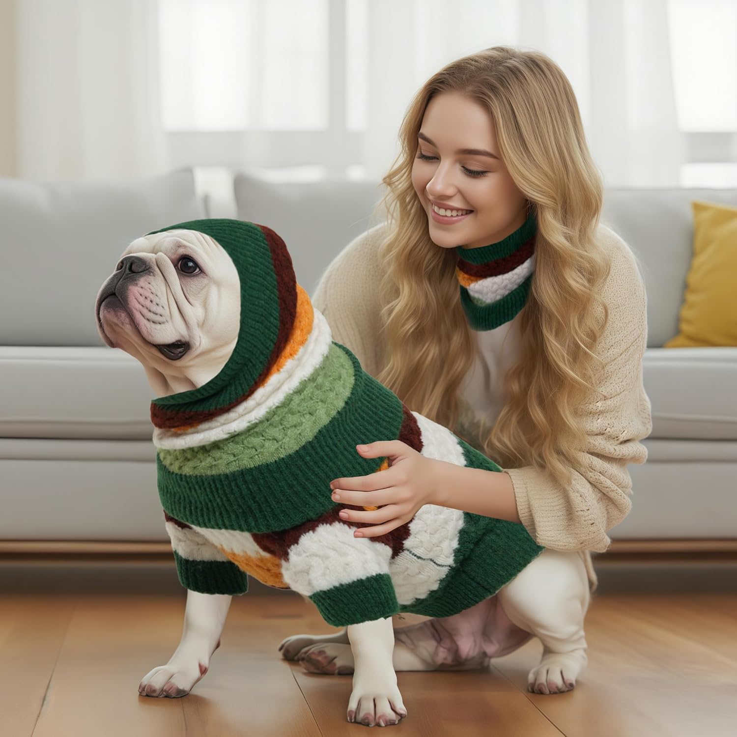 dog and owner wearing matching sweater and scarf