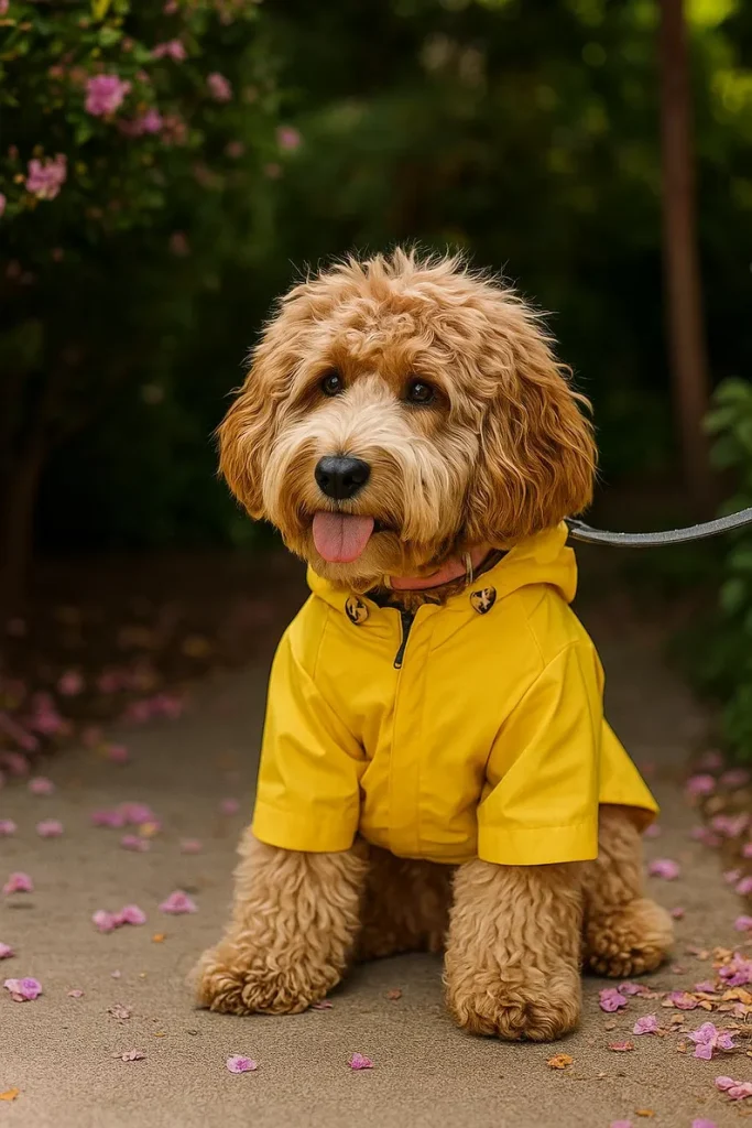 dog wearing yellow raincoat