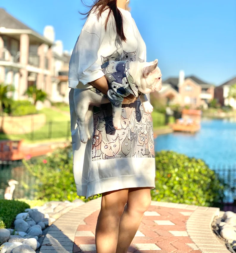 dog and owner wearing matching shirts