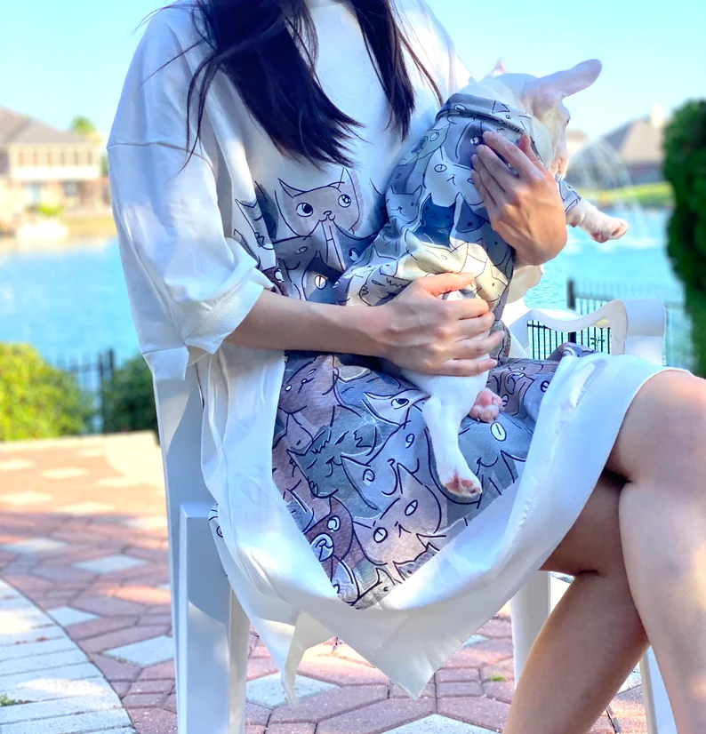 dog and owner wearing matching shirts