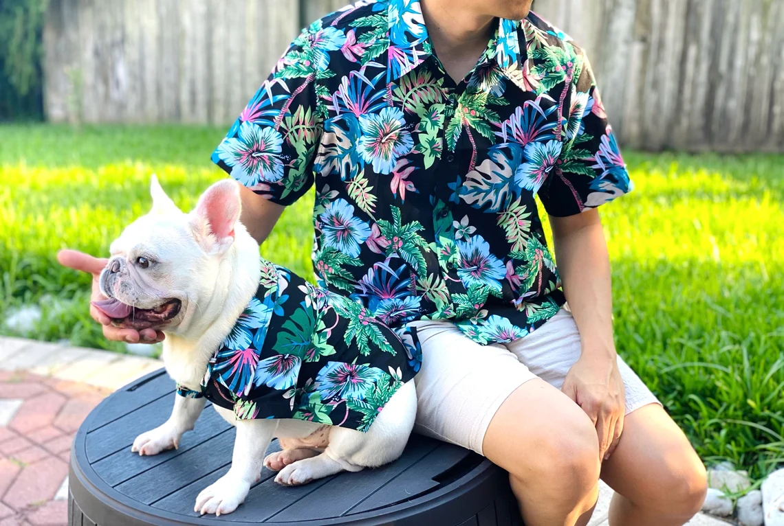 dog and owner wearing matching shirts