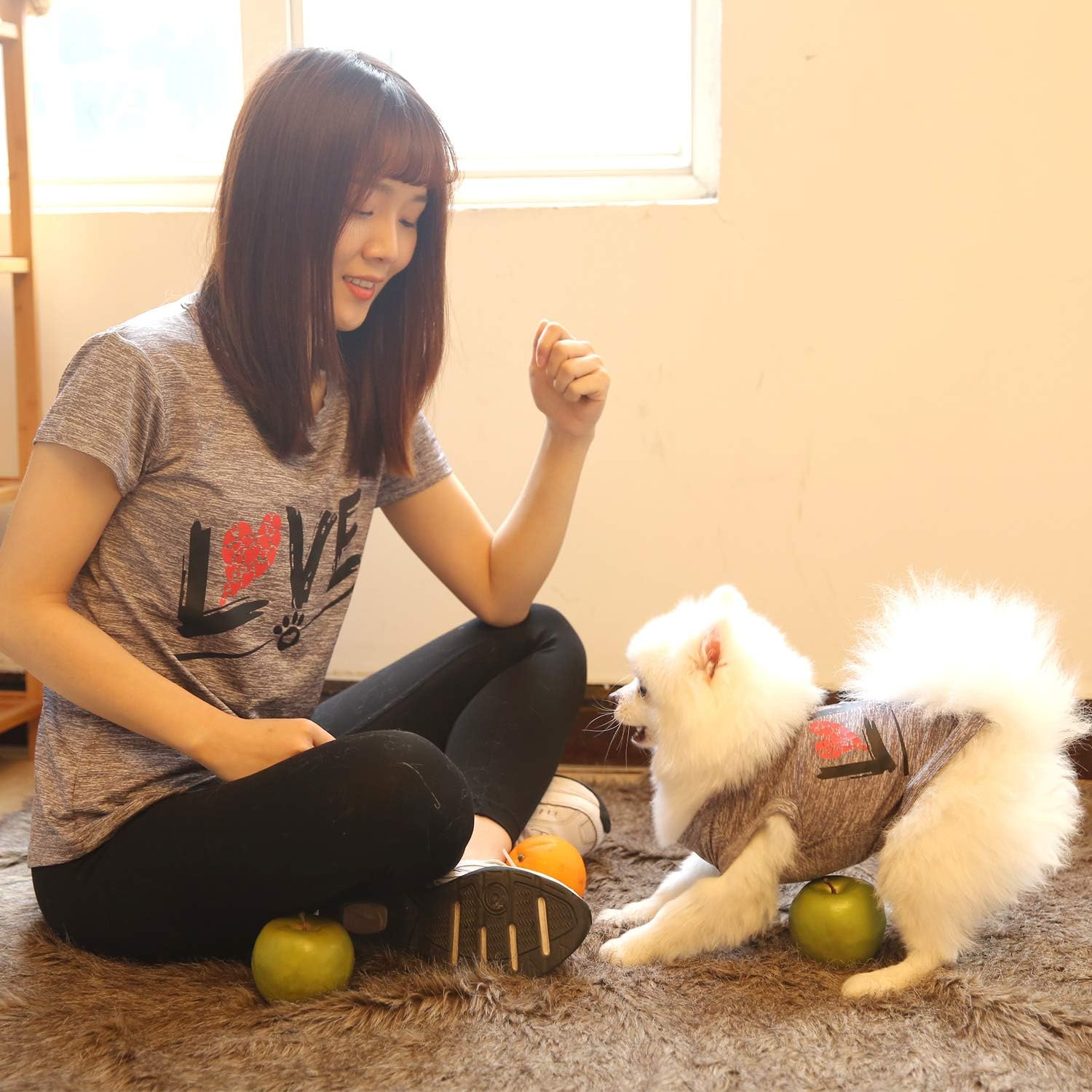 dog and owner wearing matching shirts
