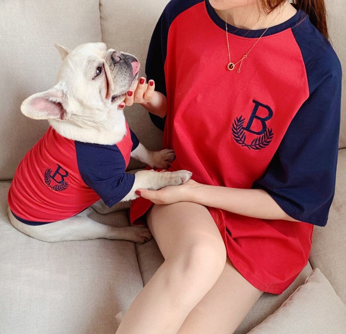 dog and owner wearing matching shirts