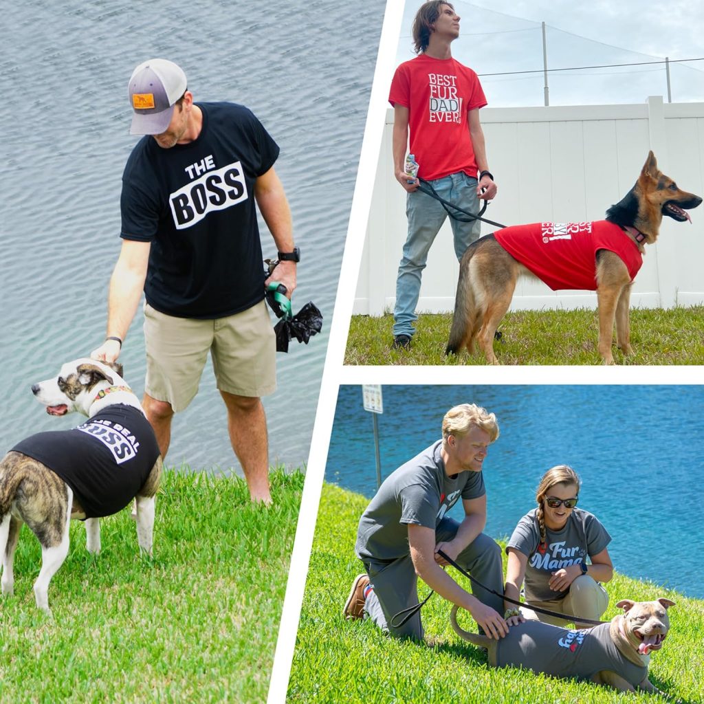 dogs and owners wearing matching shirts