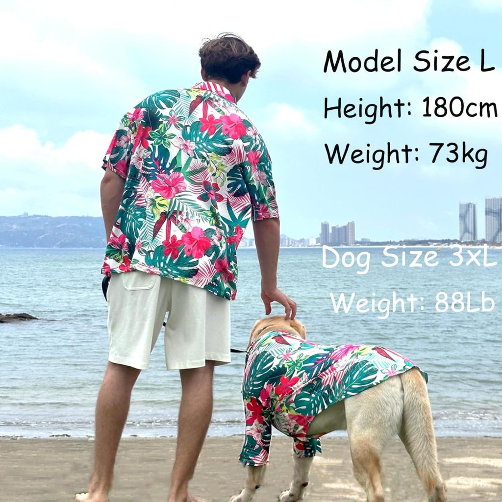 man and dog wearing colorful matching shirts