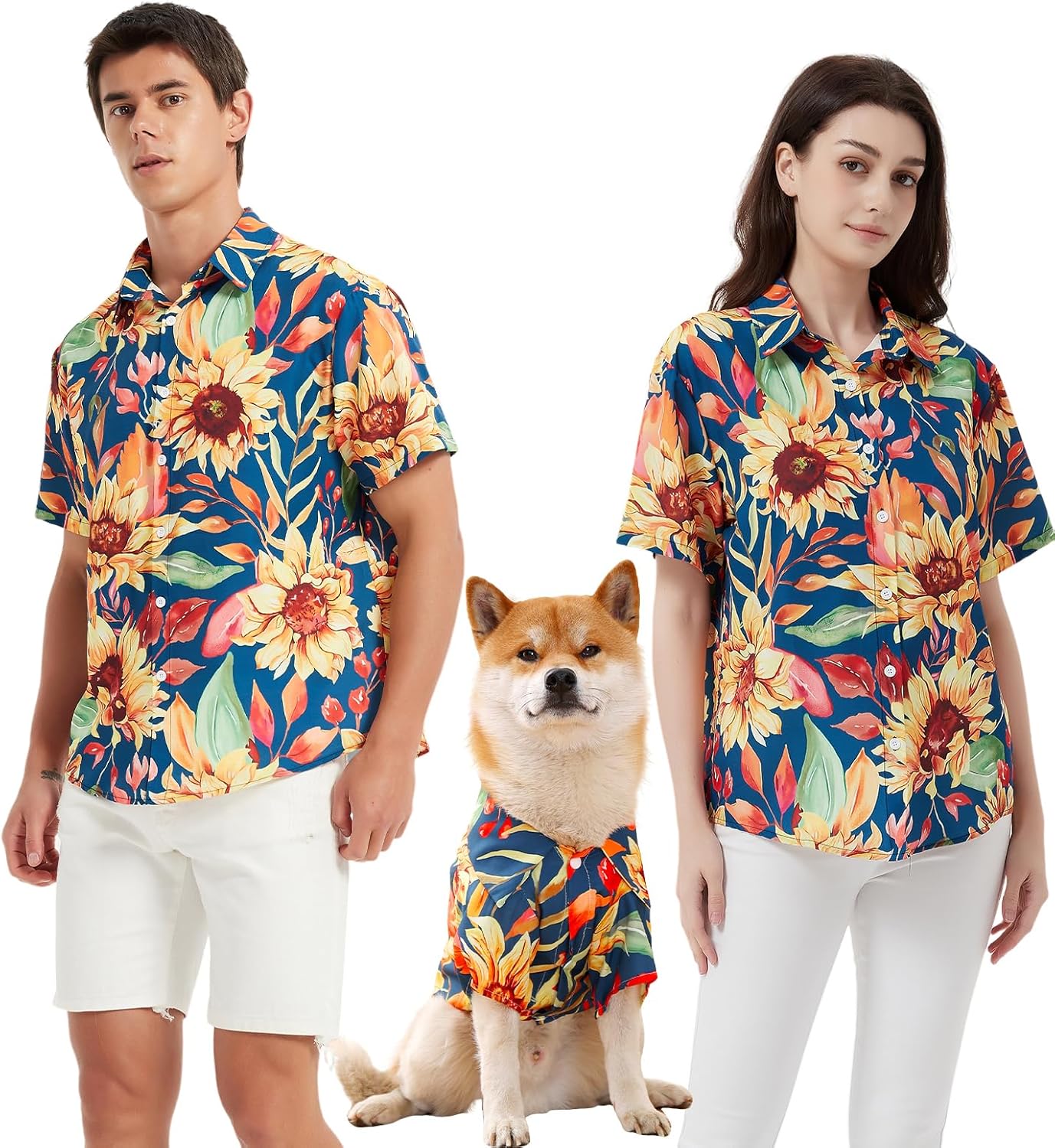 man, woman, dog wearing matching shirts