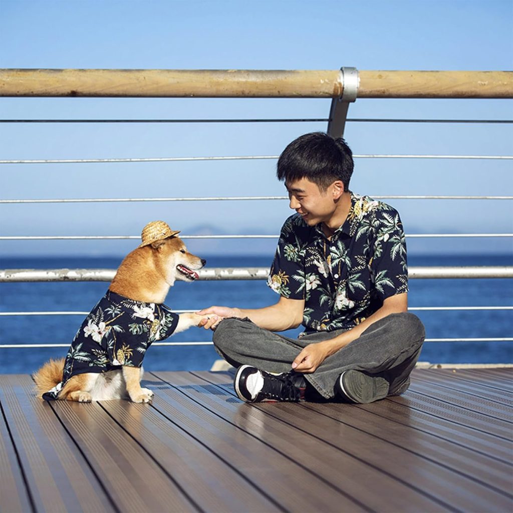 dog and owner wearing matching shirts