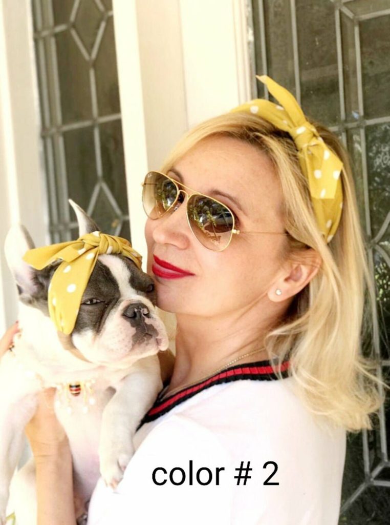 dog and owner wearing matching headbands