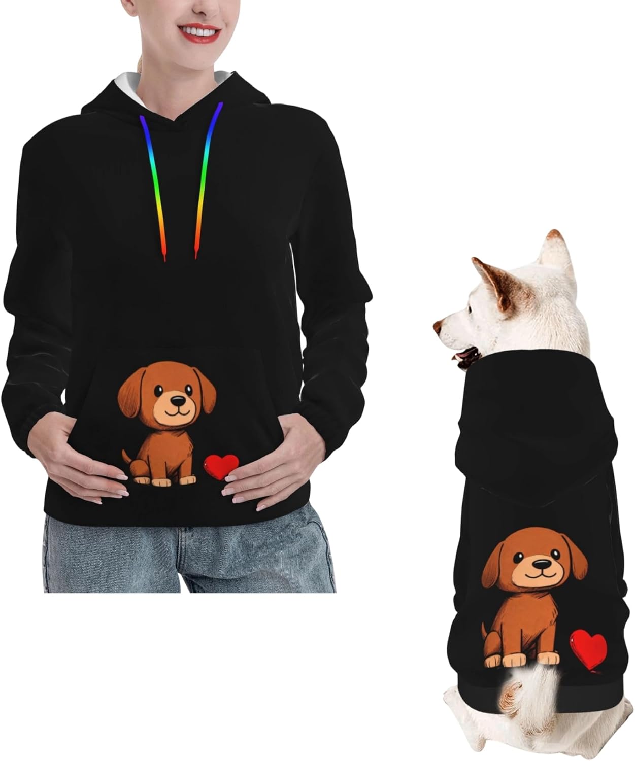 man and dog wearing matching hoodies