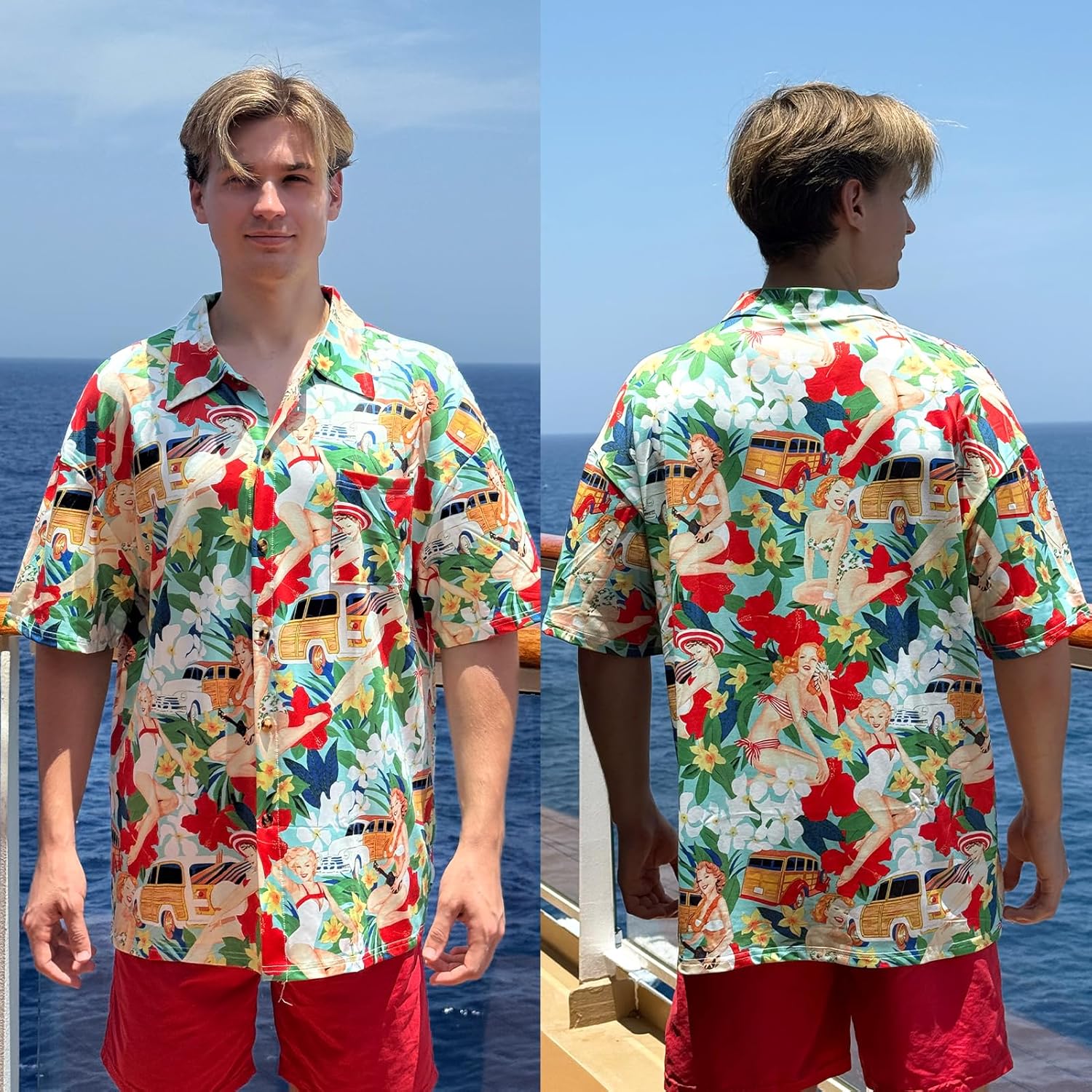 man wearing red cartoon shirt