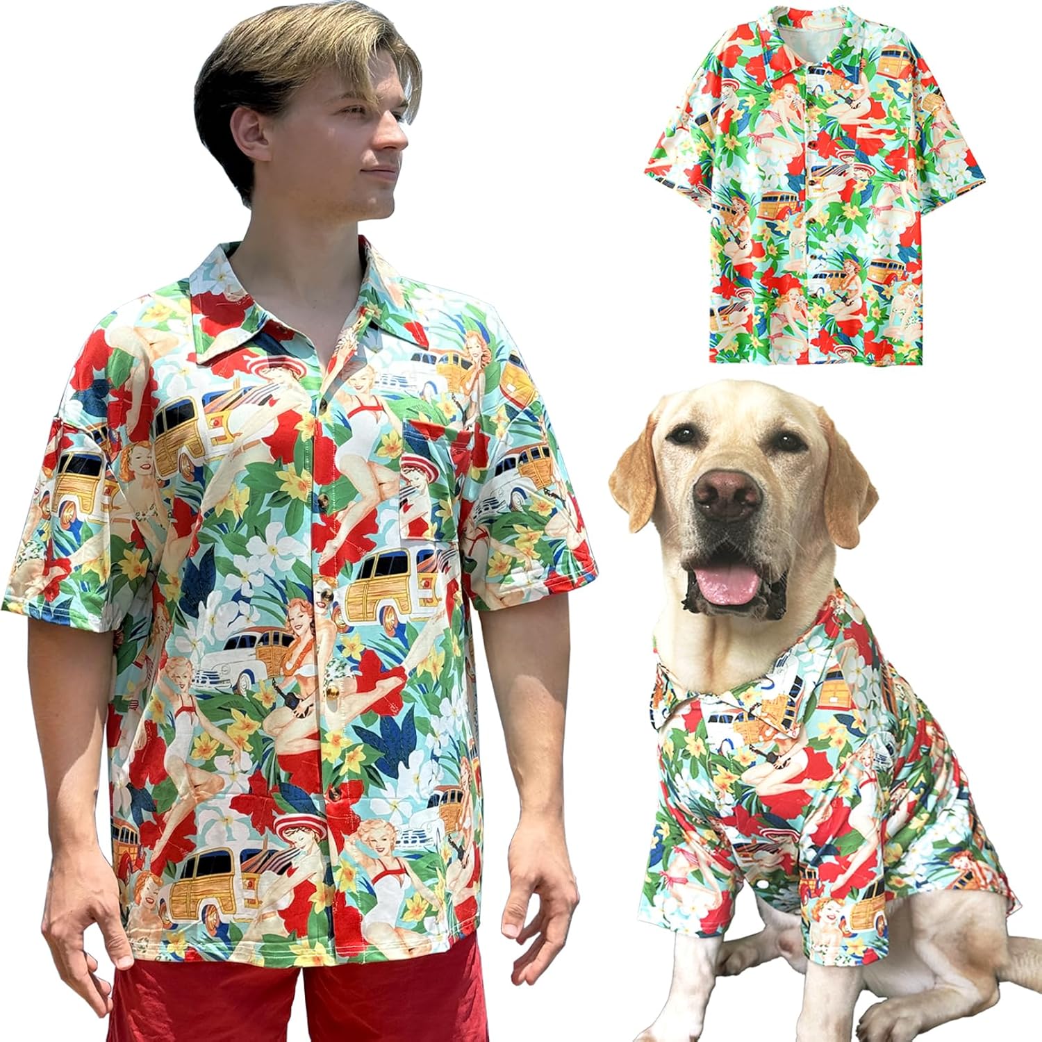 man and dog wearing red cartoon shirts