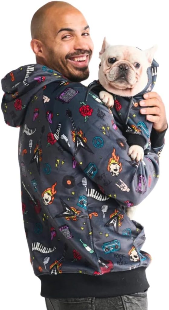 man and dog wearing matching gray hoodies