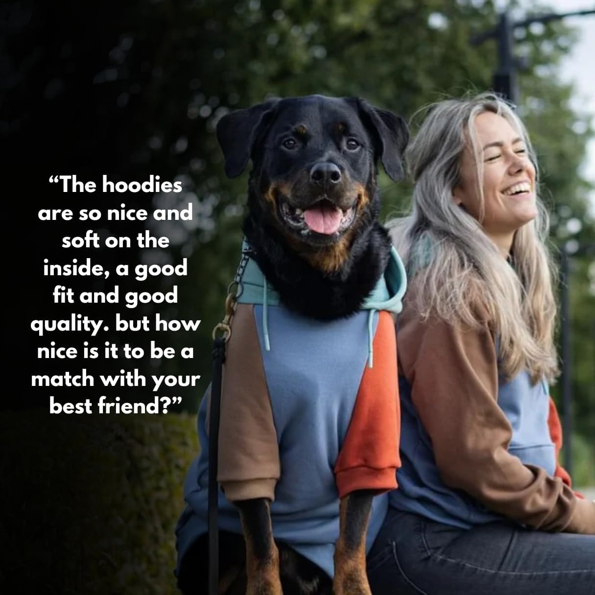 dog and owner wearing matching hoodies