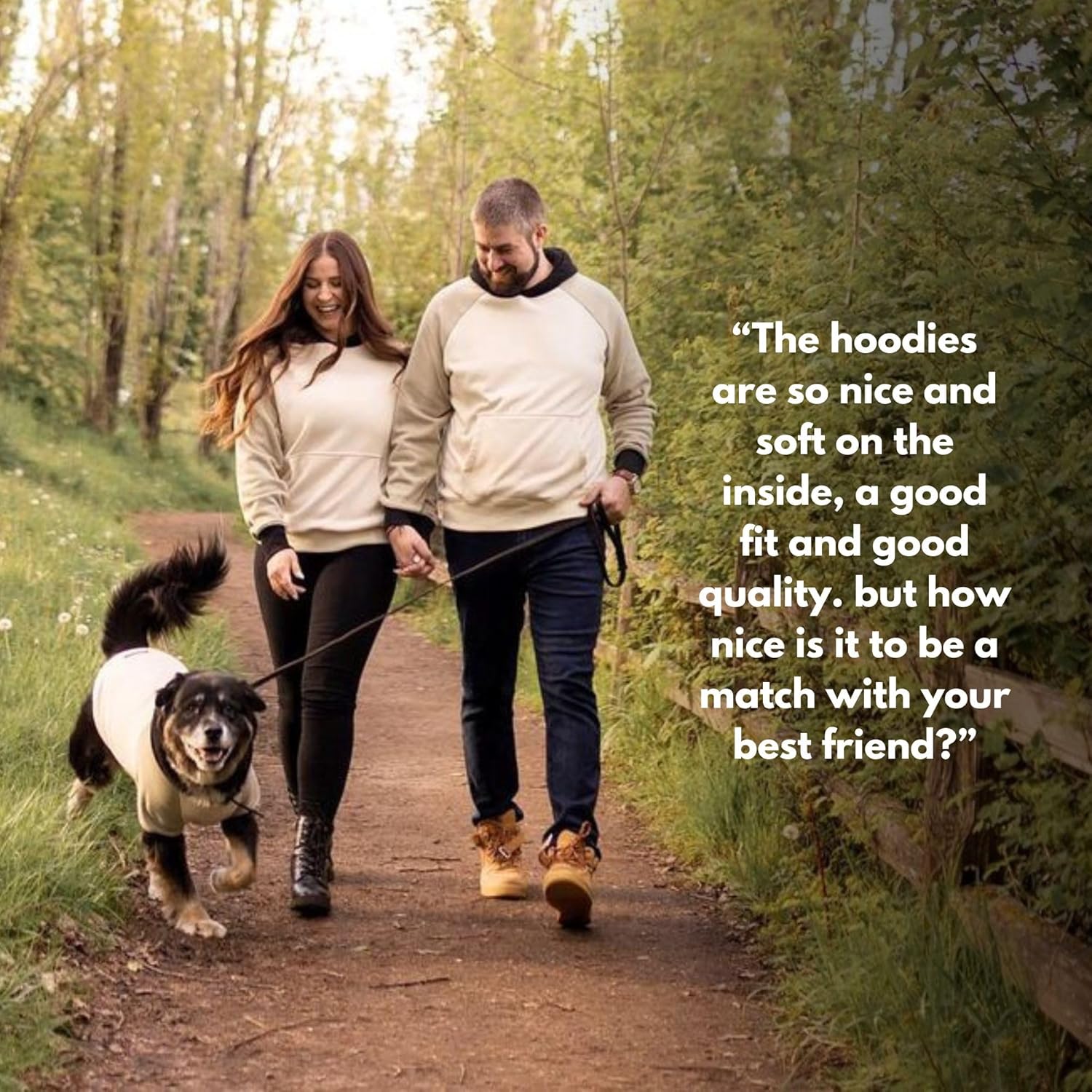 man, woman and dog wearing matching hoodies
