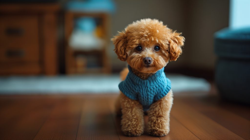 dog wearing blue sweater